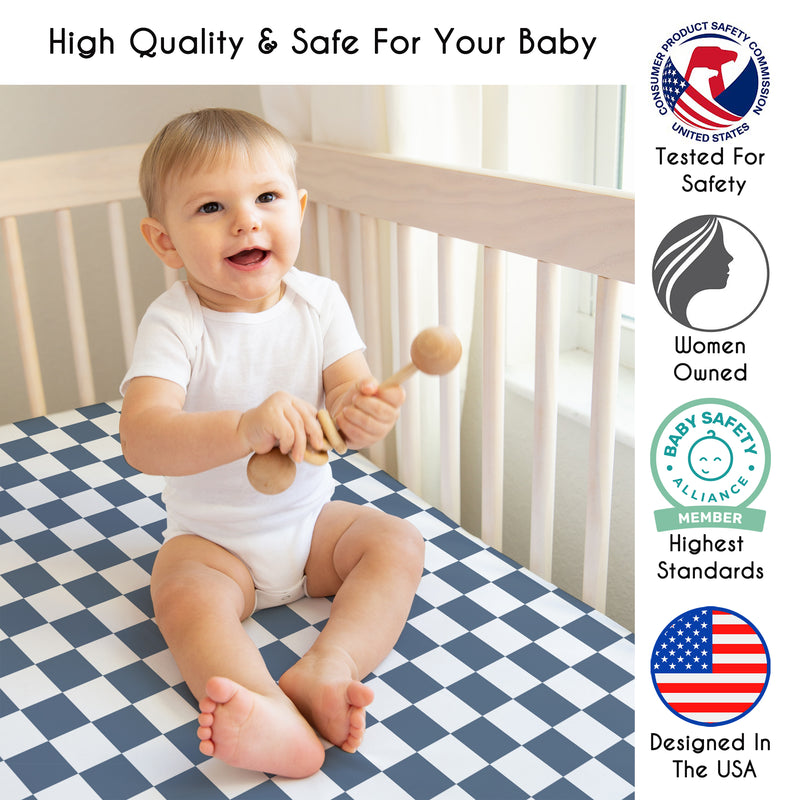 Gingham Checkered Plaid Collection Mini Crib Sheet - Blue and White