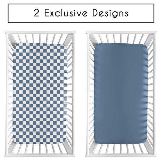 Gingham Checkered Plaid Collection 2 Pack Crib Sheets - Blue and White