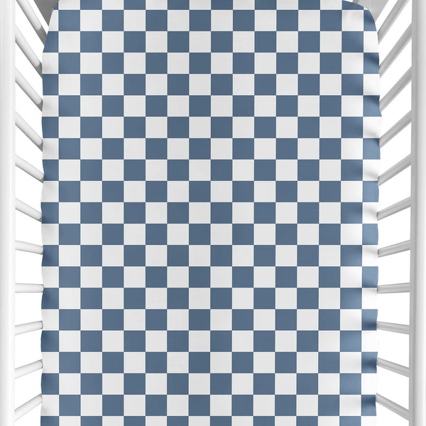 Gingham Checkered Plaid Collection Blue and White Crib Sheet