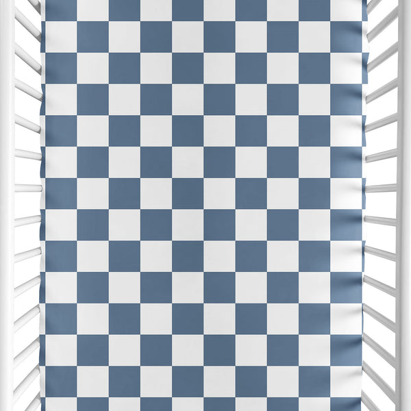 Gingham Checkered Plaid Collection Mini Crib Sheet - Blue and White