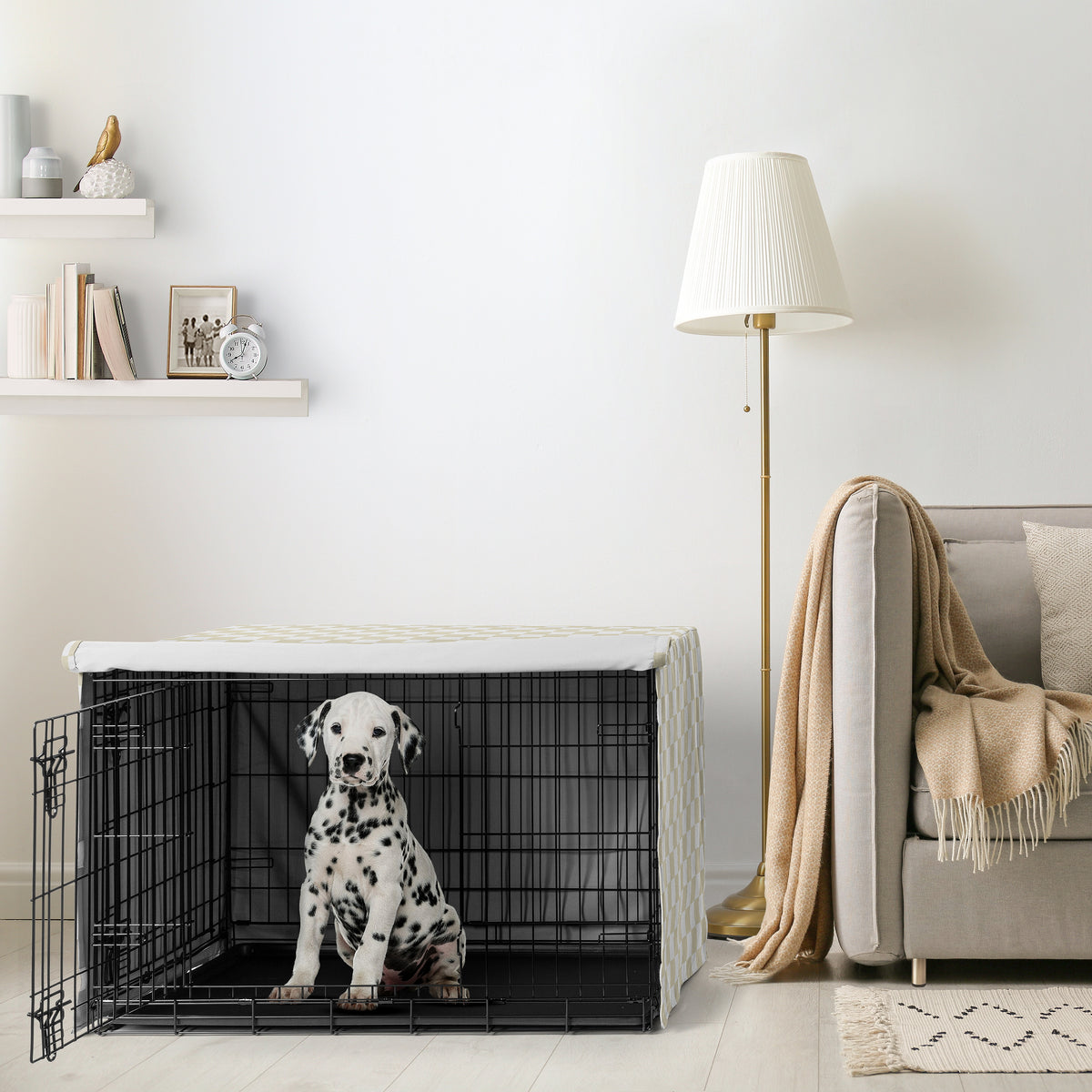 Gingham Checkered Plaid Collection Dog Crate Kennel Cover 36in. - Taupe and White