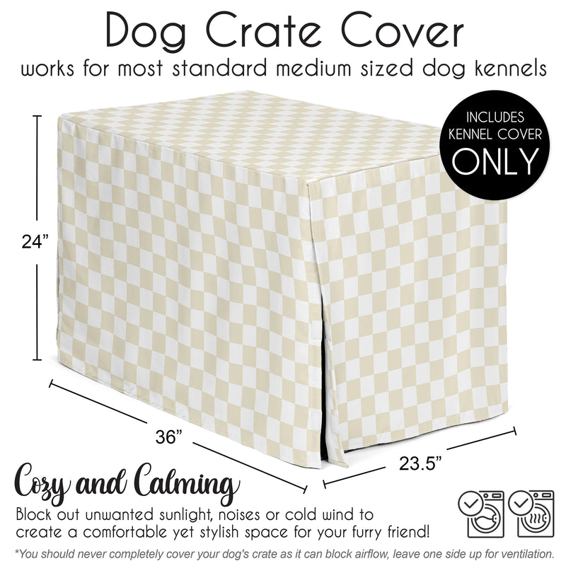 Gingham Checkered Plaid Collection Dog Crate Kennel Cover 36in. - Taupe and White
