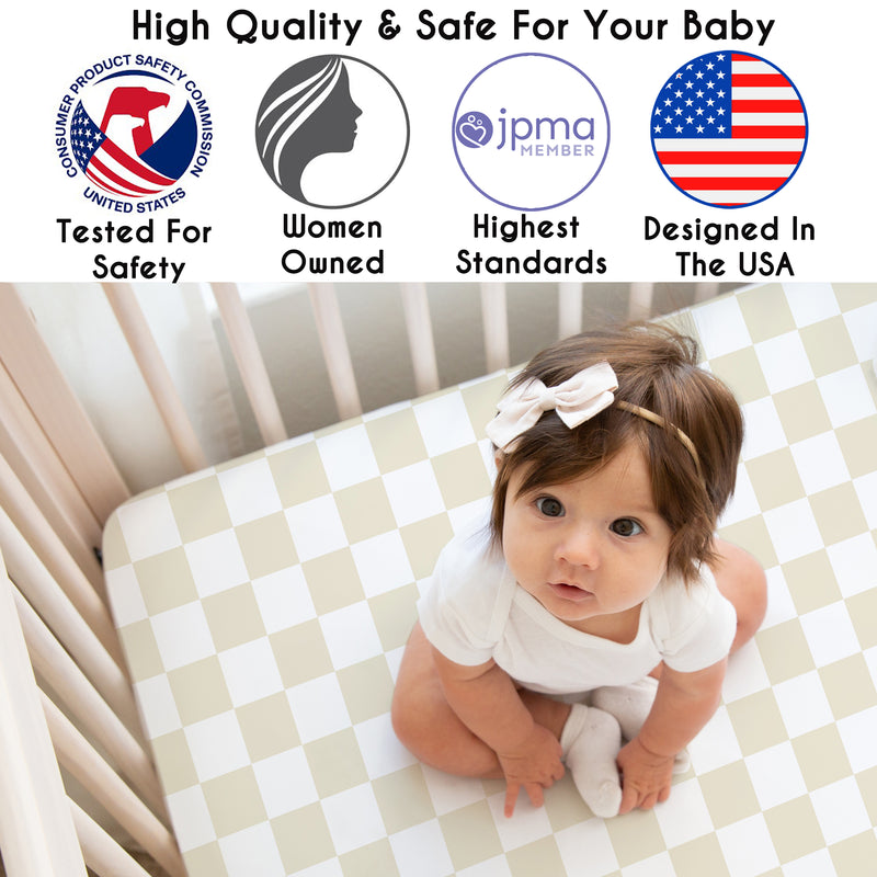 Gingham Checkered Plaid Collection Taupe and White Crib Sheet