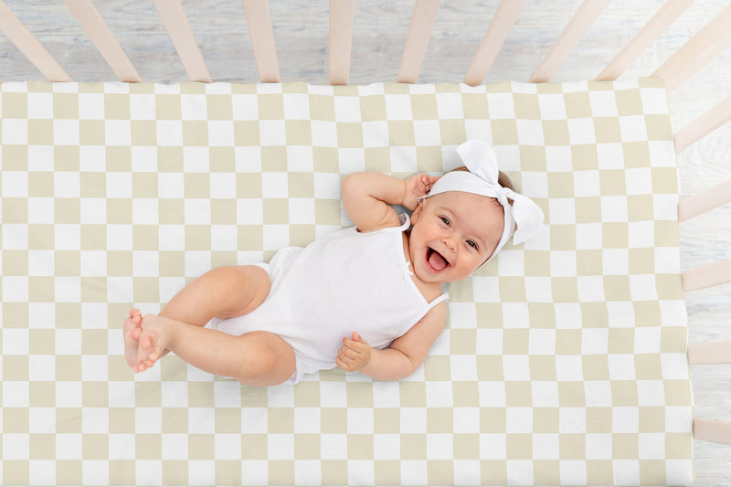 Gingham Checkered Plaid Collection Taupe and White Crib Sheet