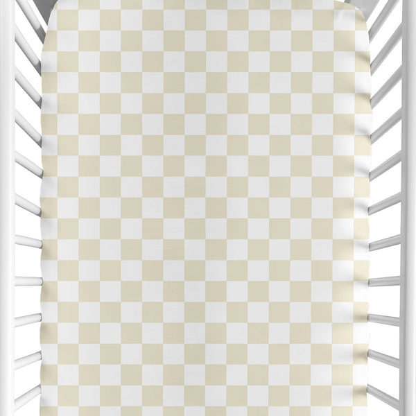 Gingham Checkered Plaid Collection Taupe and White Crib Sheet