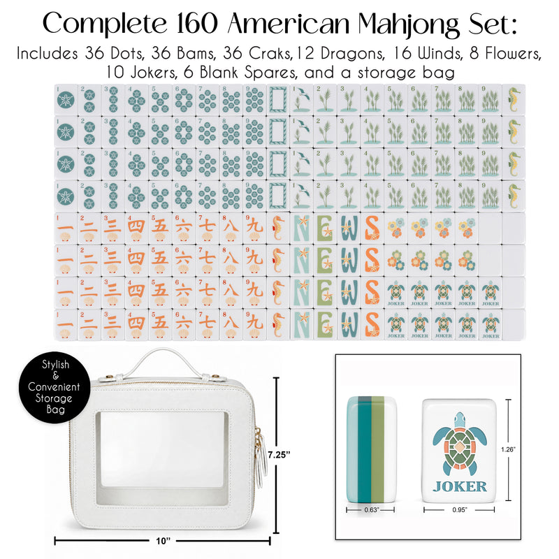 Sky Blue Coastal Paradise Collection American Mahjong Tile Set (160pc) 1.24in. Layered Acrylic with White Faux Leather Travel Bag