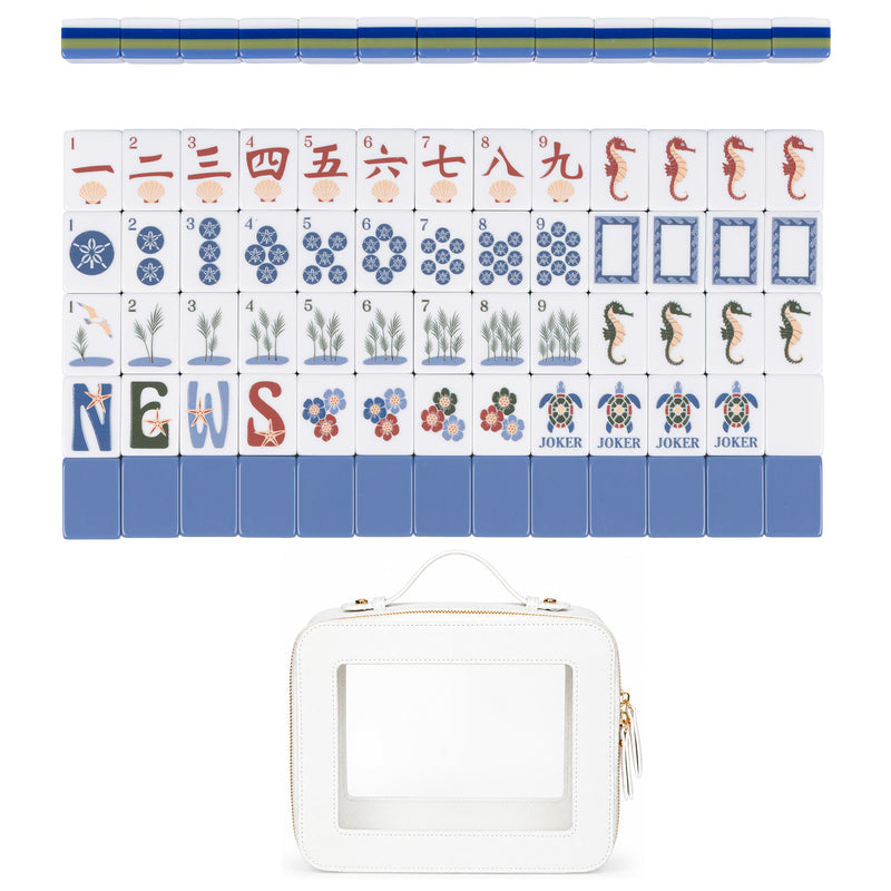 Sky Blue Coastal Paradise Collection American Mahjong Tile Set (160pc) 1.24in. Layered Acrylic with White Faux Leather Travel Bag