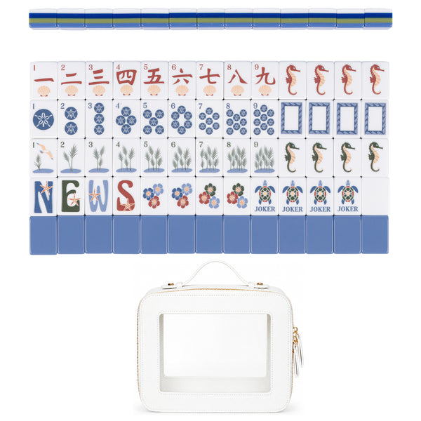 Sky Blue Coastal Paradise Collection American Mahjong Tile Set (160pc) 1.24in. Layered Acrylic with White Faux Leather Travel Bag