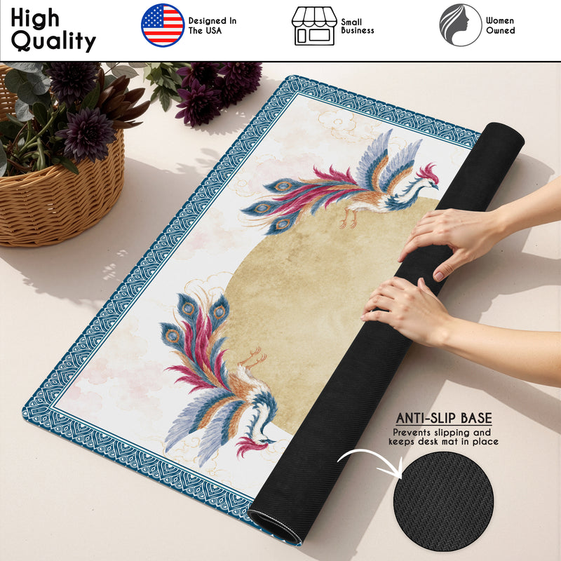 MJTI Community Collection Mahjong Mat for Table - Shipped Rolled - Blue Peacocks