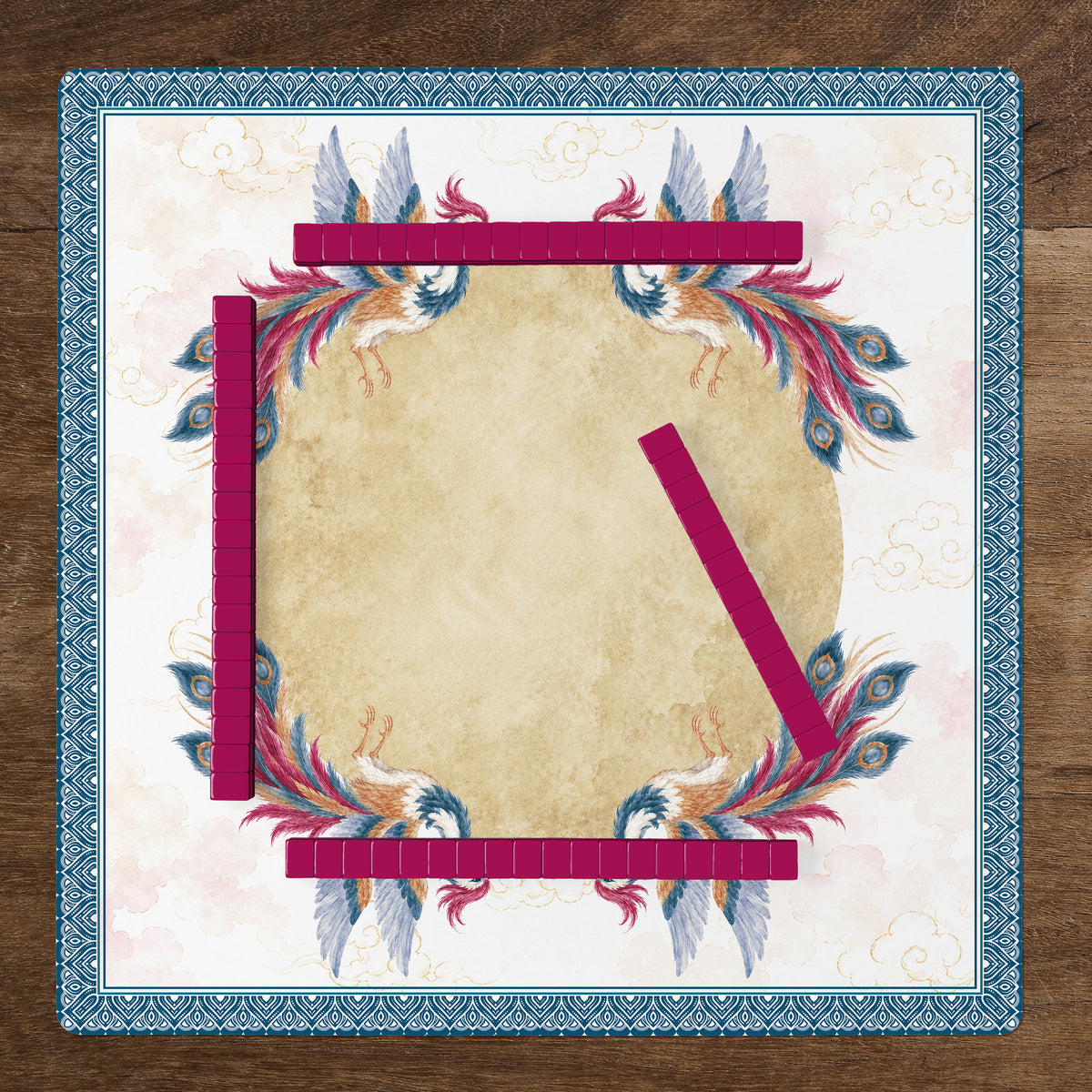 MJTI Community Collection Mahjong Mat for Table - Shipped Rolled - Blue Peacocks
