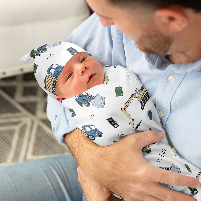 Construction Truck Green and Blue Collection Baby Cocoon and Beanie Hat - 2 Piece Set