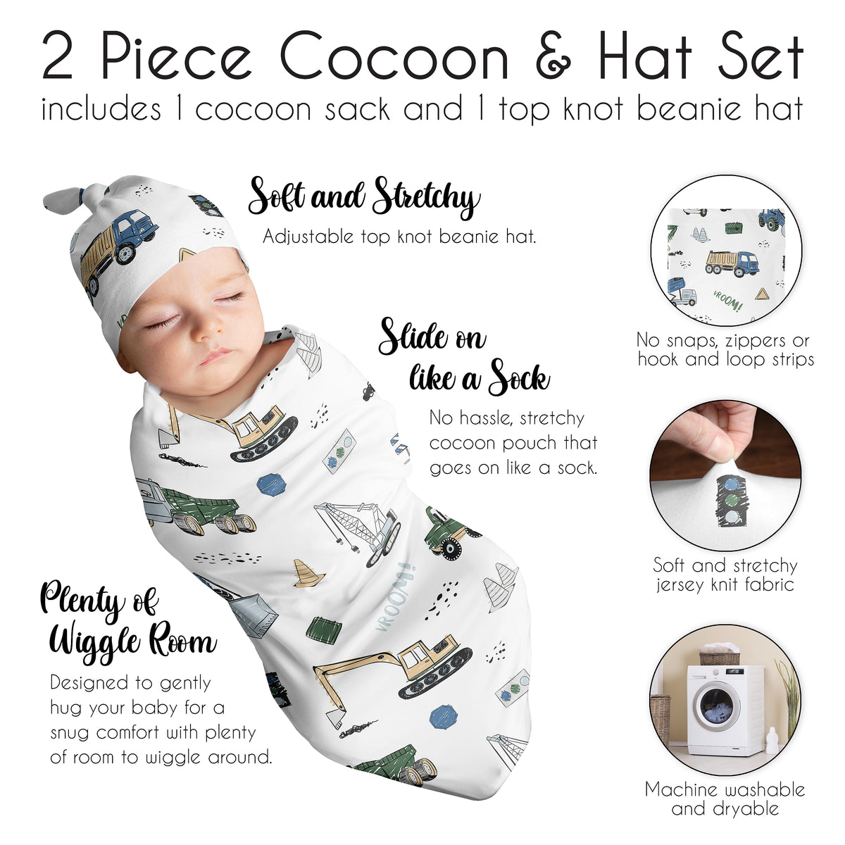 Construction Truck Green and Blue Collection Baby Cocoon and Beanie Hat - 2 Piece Set