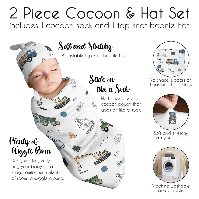 Construction Truck Green and Blue Collection Baby Cocoon and Beanie Hat - 2 Piece Set