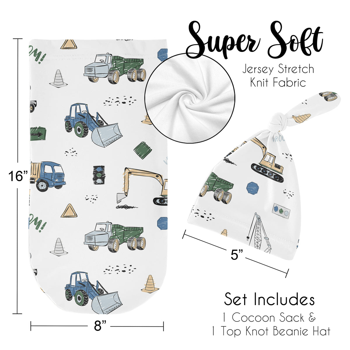 Construction Truck Green and Blue Collection Baby Cocoon and Beanie Hat - 2 Piece Set