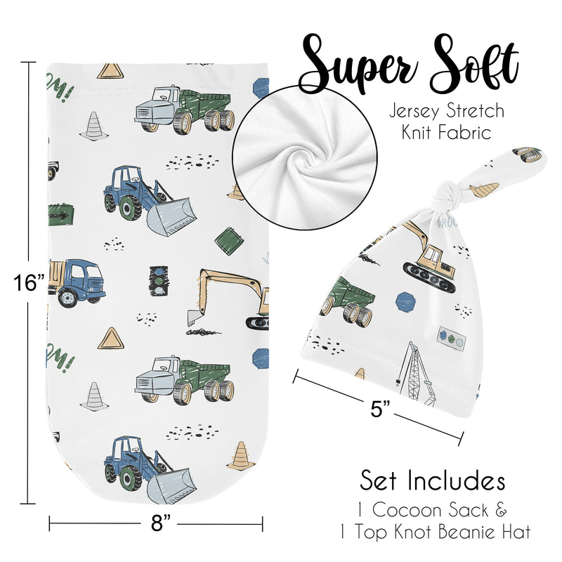 Construction Truck Green and Blue Collection Baby Cocoon and Beanie Hat - 2 Piece Set