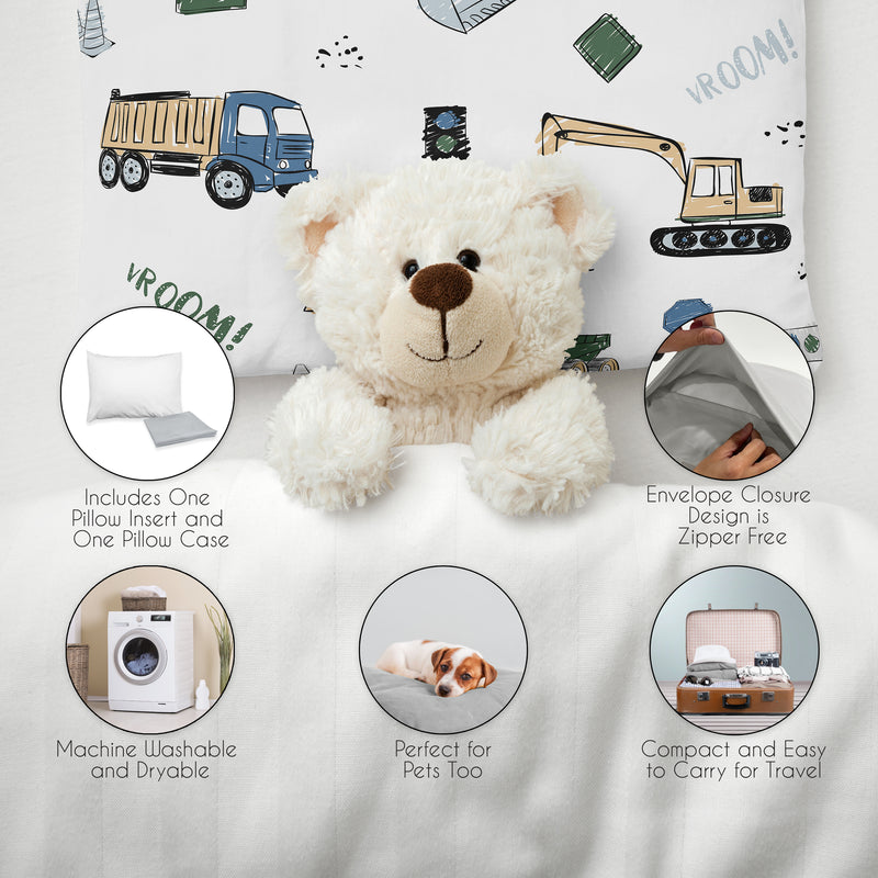 Construction Truck Green and Blue Collection Mini Pillow with Pillowcase