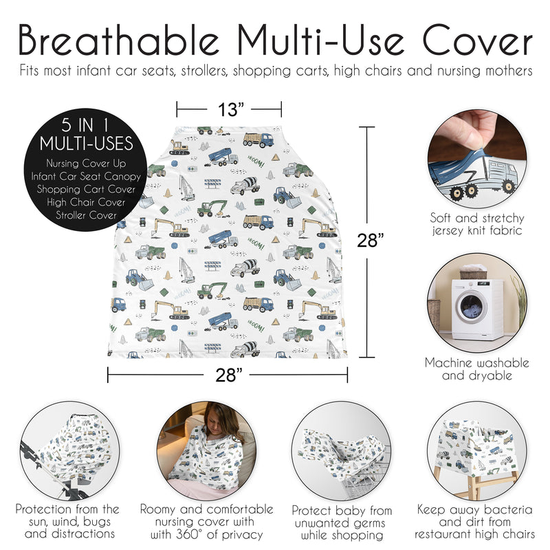 Construction Truck Green and Blue Collection Multi Use Baby Car Seat and Nursing Cover
