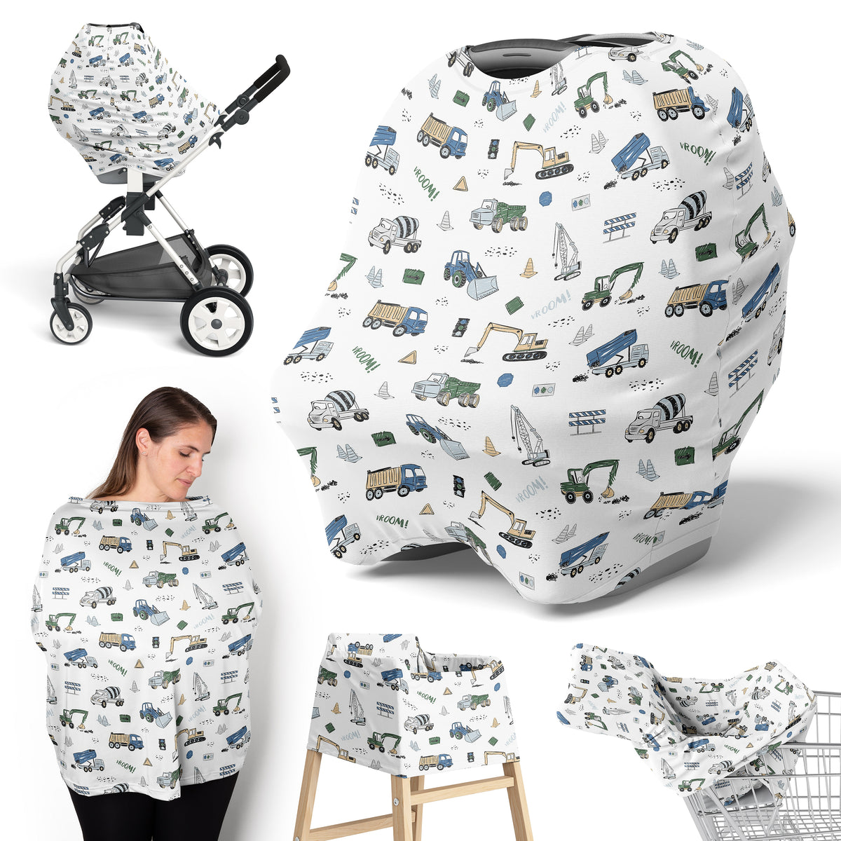 Construction Truck Green and Blue Collection Multi Use Baby Car Seat and Nursing Cover