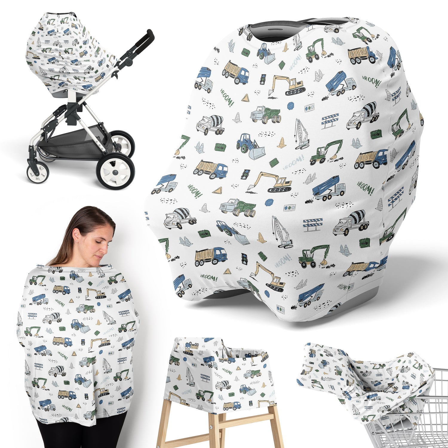 Construction Truck Green and Blue Collection Multi Use Baby Car Seat and Nursing Cover