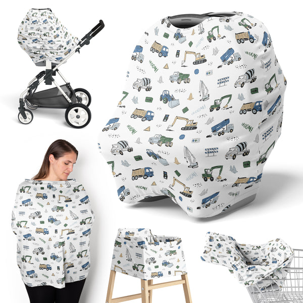Construction Truck Green and Blue Collection Multi Use Baby Car Seat and Nursing Cover