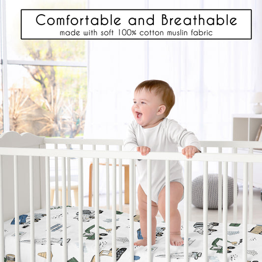 Construction Truck Green and Blue Collection 100% Cotton Muslin Crib Sheet