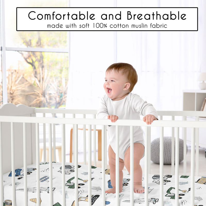 Construction Truck Green and Blue Collection 100% Cotton Muslin Crib Sheet