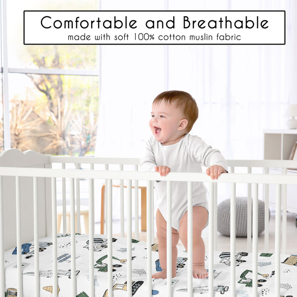 Construction Truck Green and Blue Collection 100% Cotton Muslin Crib Sheet alternate view