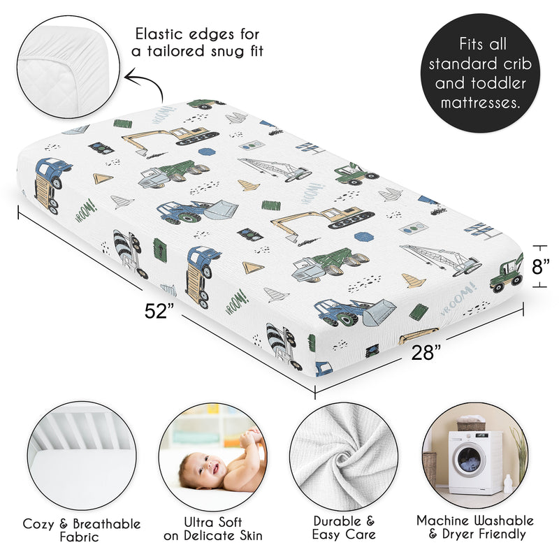 Construction Truck Green and Blue Collection 100% Cotton Muslin Crib Sheet