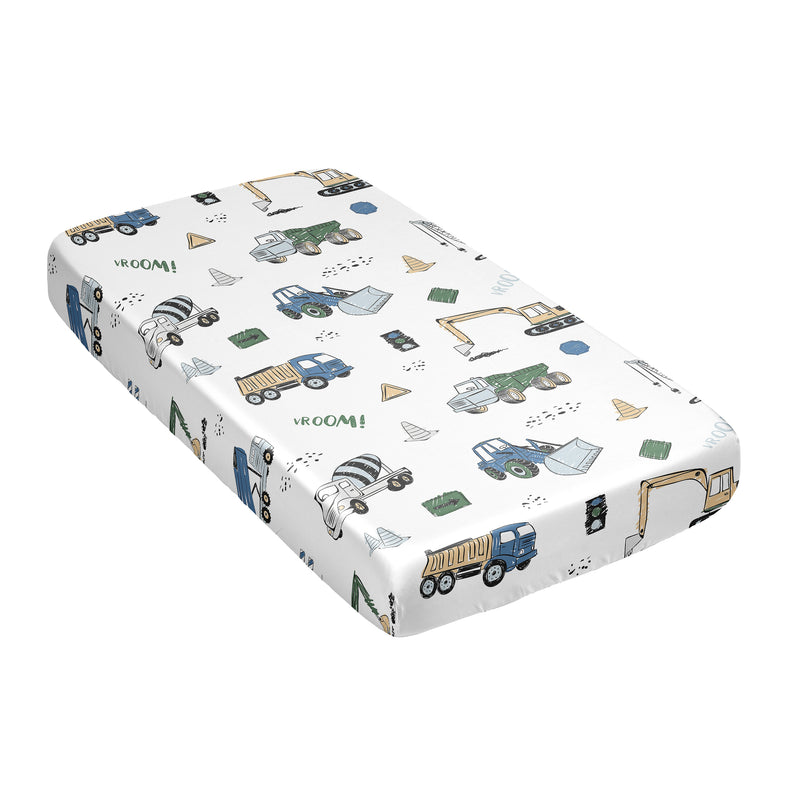 Construction Truck Green and Blue Collection Satin Fitted Crib Sheet