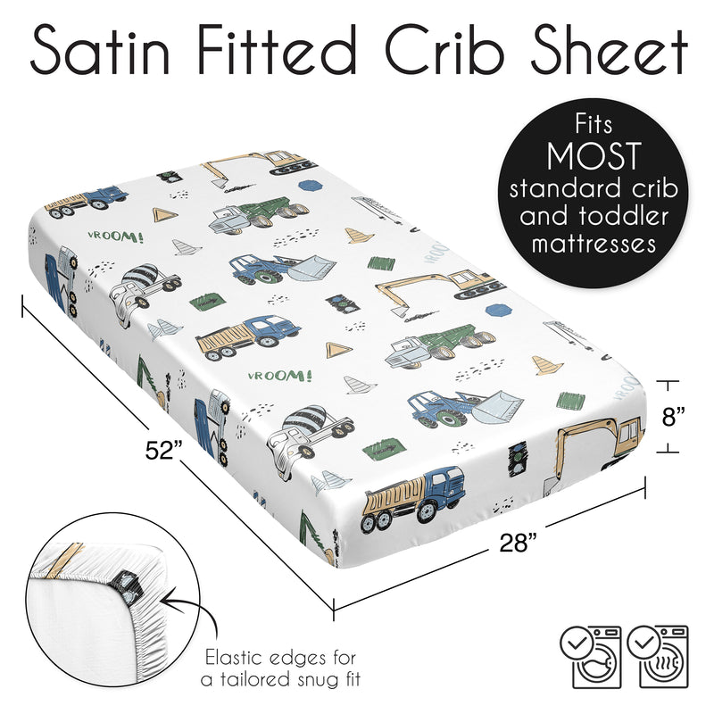 Construction Truck Green and Blue Collection Satin Fitted Crib Sheet