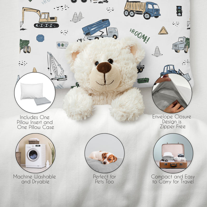 Construction Truck Green and Blue Collection Toddler Pillow with Pillowcase
