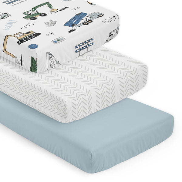 Construction Truck Green and Blue Collection 3 Pack Crib Sheets