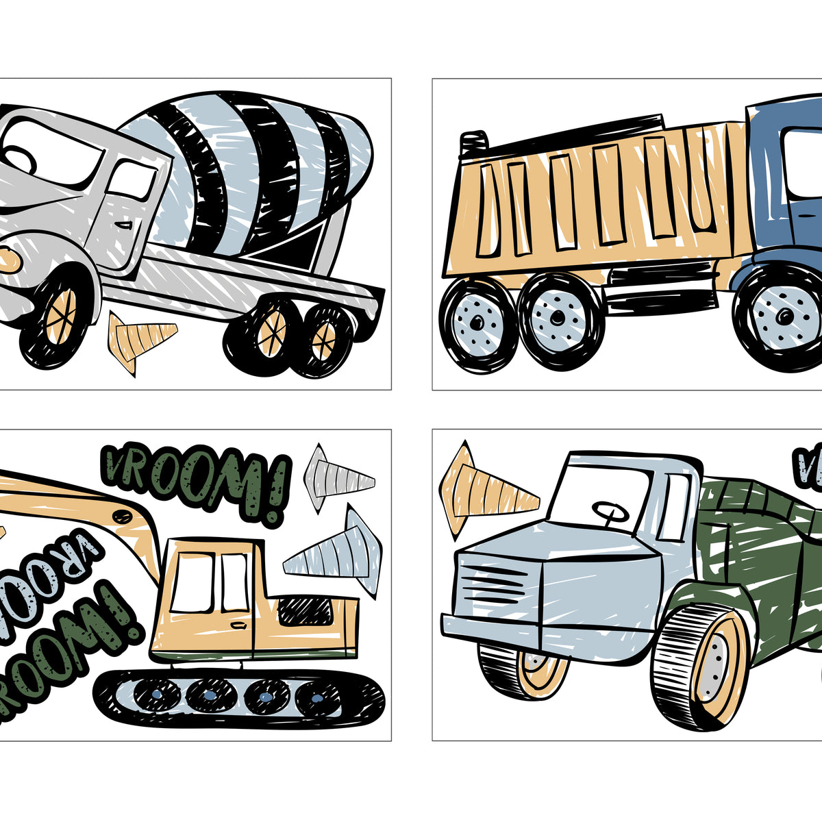 Construction Truck Green and Blue Collection Peel and Stick Wall Decal Stickers - Set of 4 Sheets