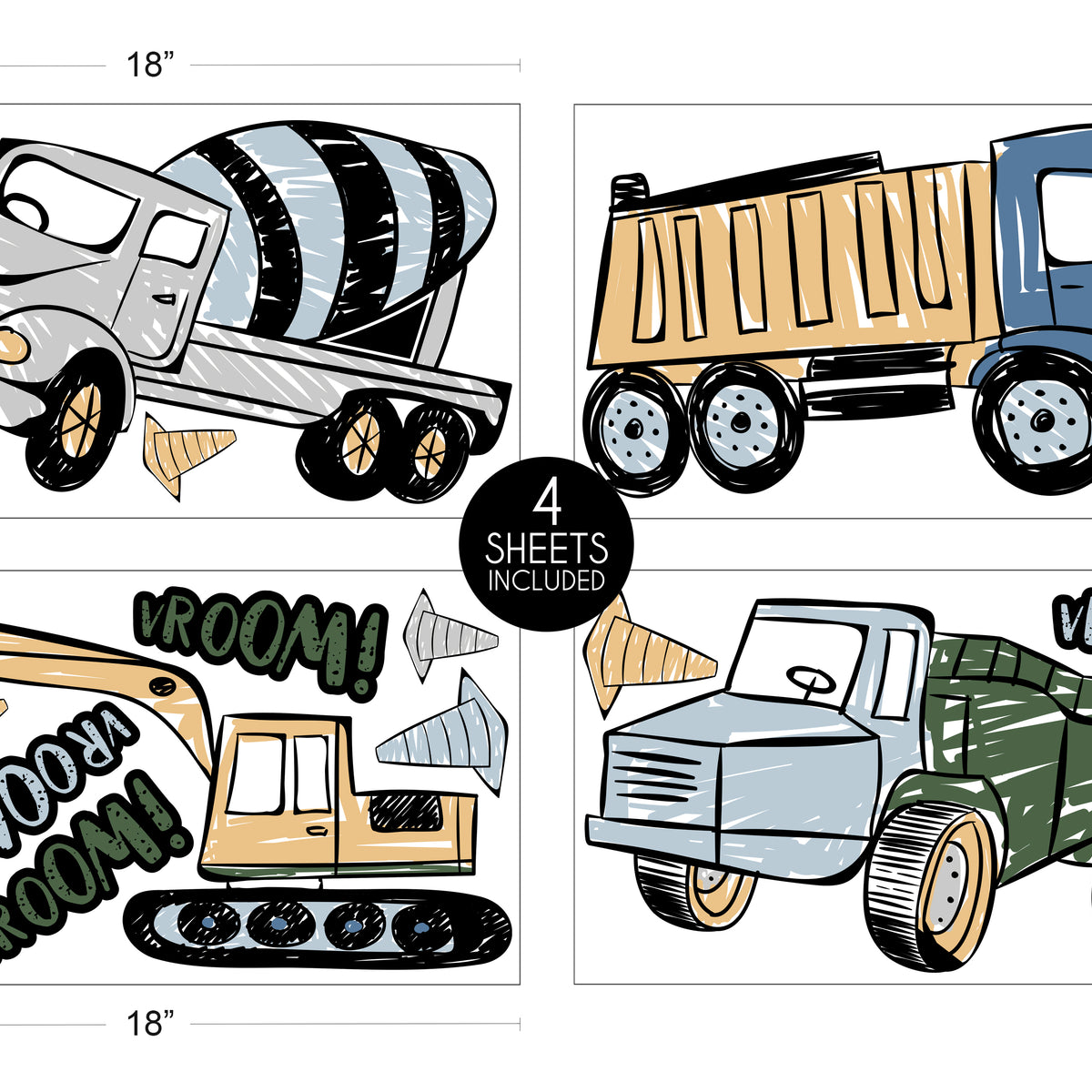 Construction Truck Green and Blue Collection Peel and Stick Wall Decal Stickers - Set of 4 Sheets