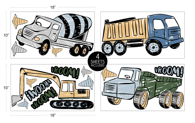 Construction Truck Green and Blue Collection Peel and Stick Wall Decal Stickers - Set of 4 Sheets