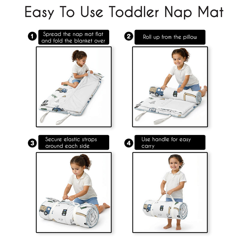 Construction Truck Green and Blue Collection Lightweight Toddler Nap Mat with Pillow