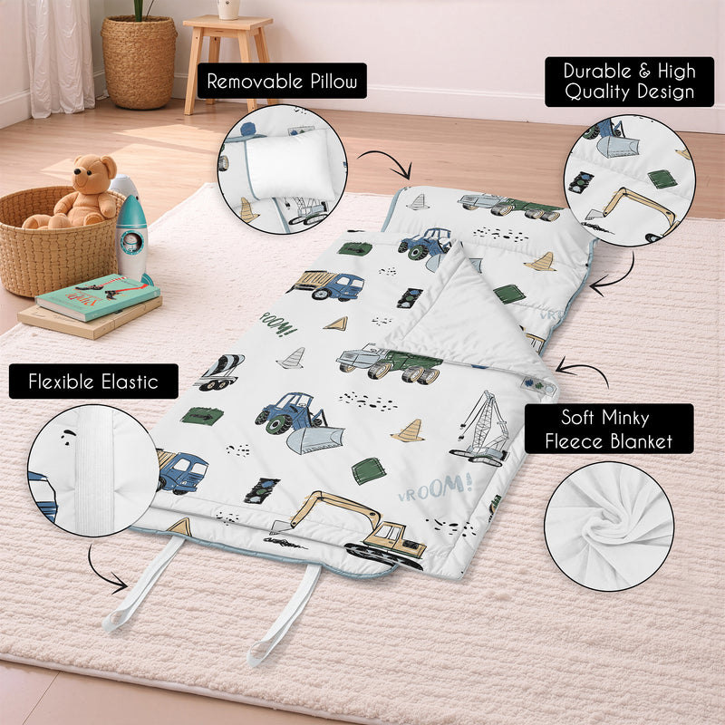 Construction Truck Green and Blue Collection Lightweight Toddler Nap Mat with Pillow