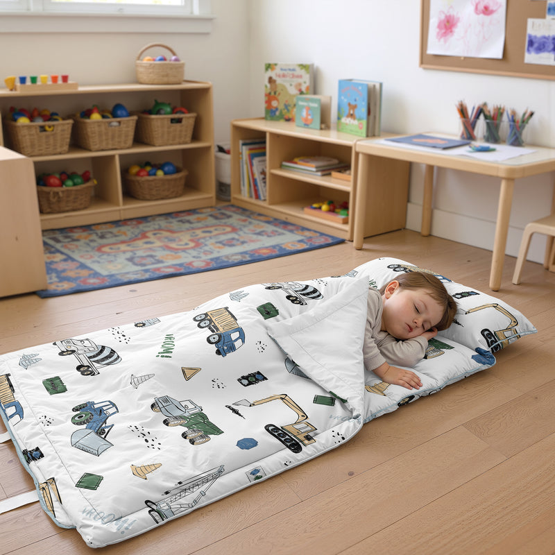 Construction Truck Green and Blue Collection Lightweight Toddler Nap Mat with Pillow