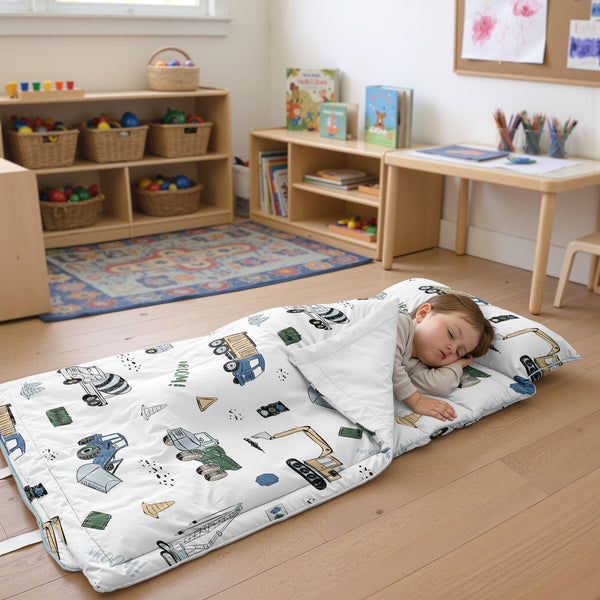 Construction Truck Green and Blue Collection Lightweight Toddler Nap Mat with Pillow alternate view