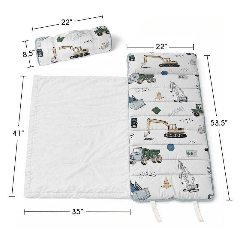 Construction Truck Green and Blue Collection Lightweight Toddler Nap Mat with Pillow