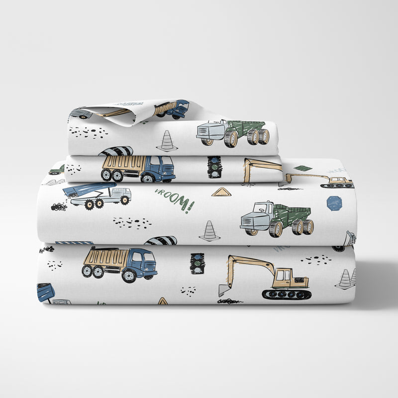 Construction Truck Green and Blue Collection Queen Sheet Set