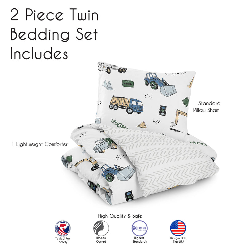 Construction Truck Green and Blue Collection Twin Bedding