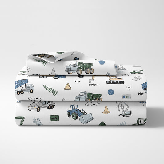 Construction Truck Green and Blue Collection Twin Sheet Set