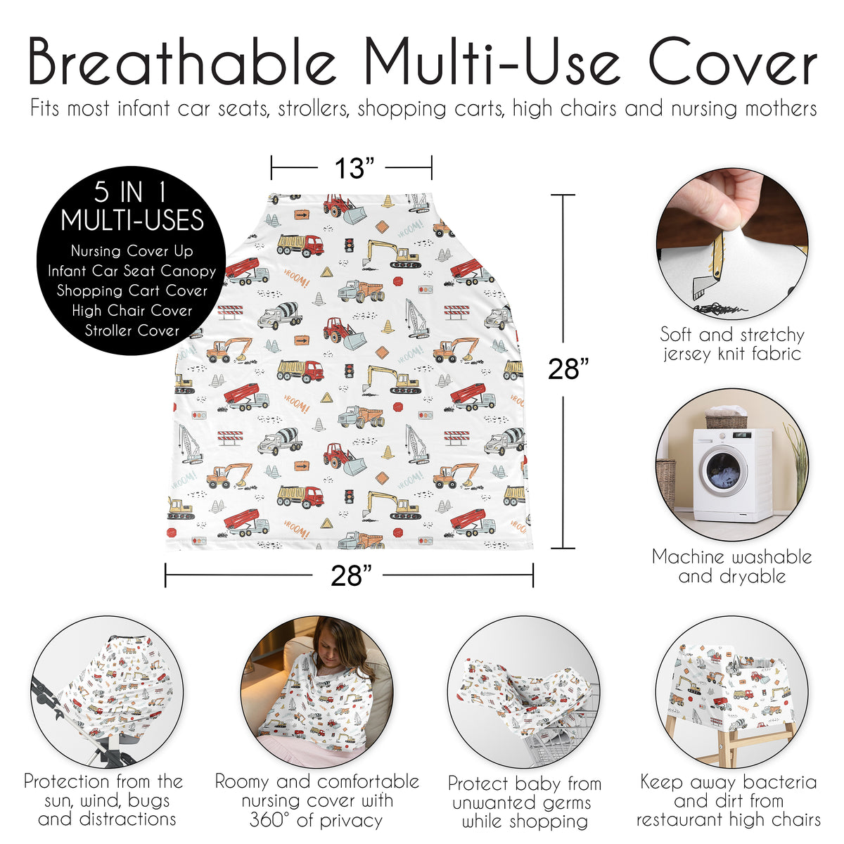 Construction Truck Collection Multi Use Baby Car Seat and Nursing Cover