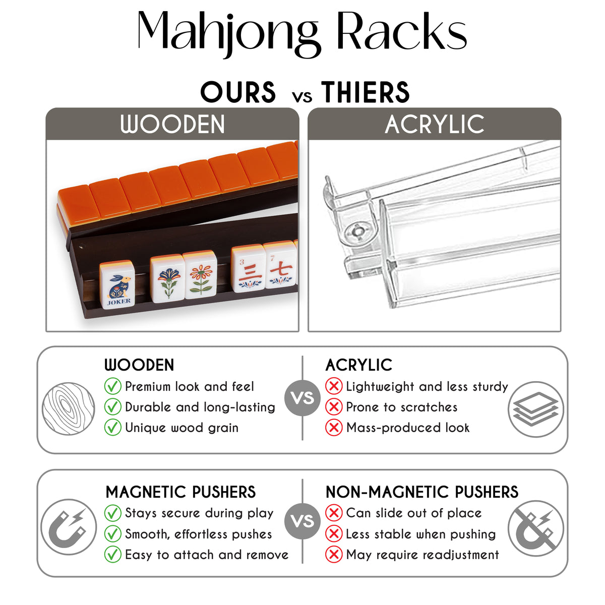 (20in.) Dark Brown Wooden Mahjong Racks with Pushers & Travel Bag - Set of 4