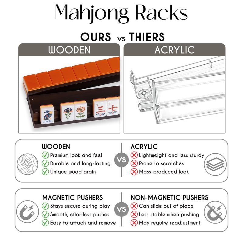 (20in.) Dark Brown Wooden Mahjong Racks with Pushers & Travel Bag - Set of 4