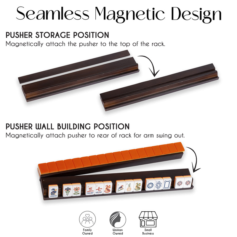 (20in.) Dark Brown Wooden Mahjong Racks with Pushers & Travel Bag - Set of 4