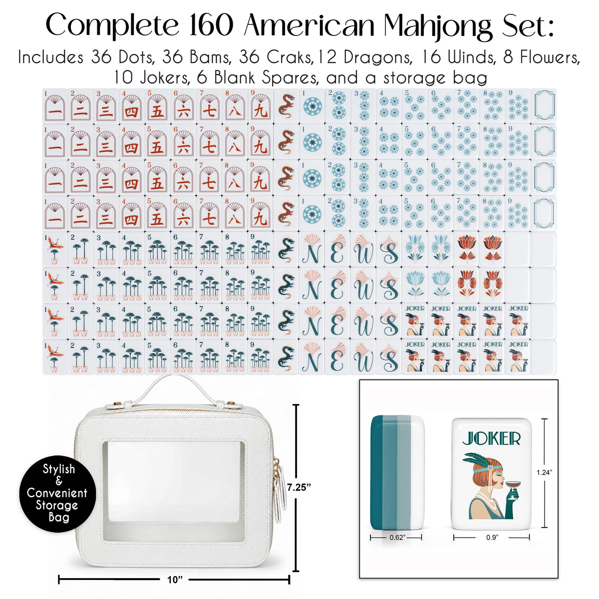 Blue Art Deco Collection American Mahjong Tile Set (160pc) 1.24in. Layered Acrylic with Travel Bag