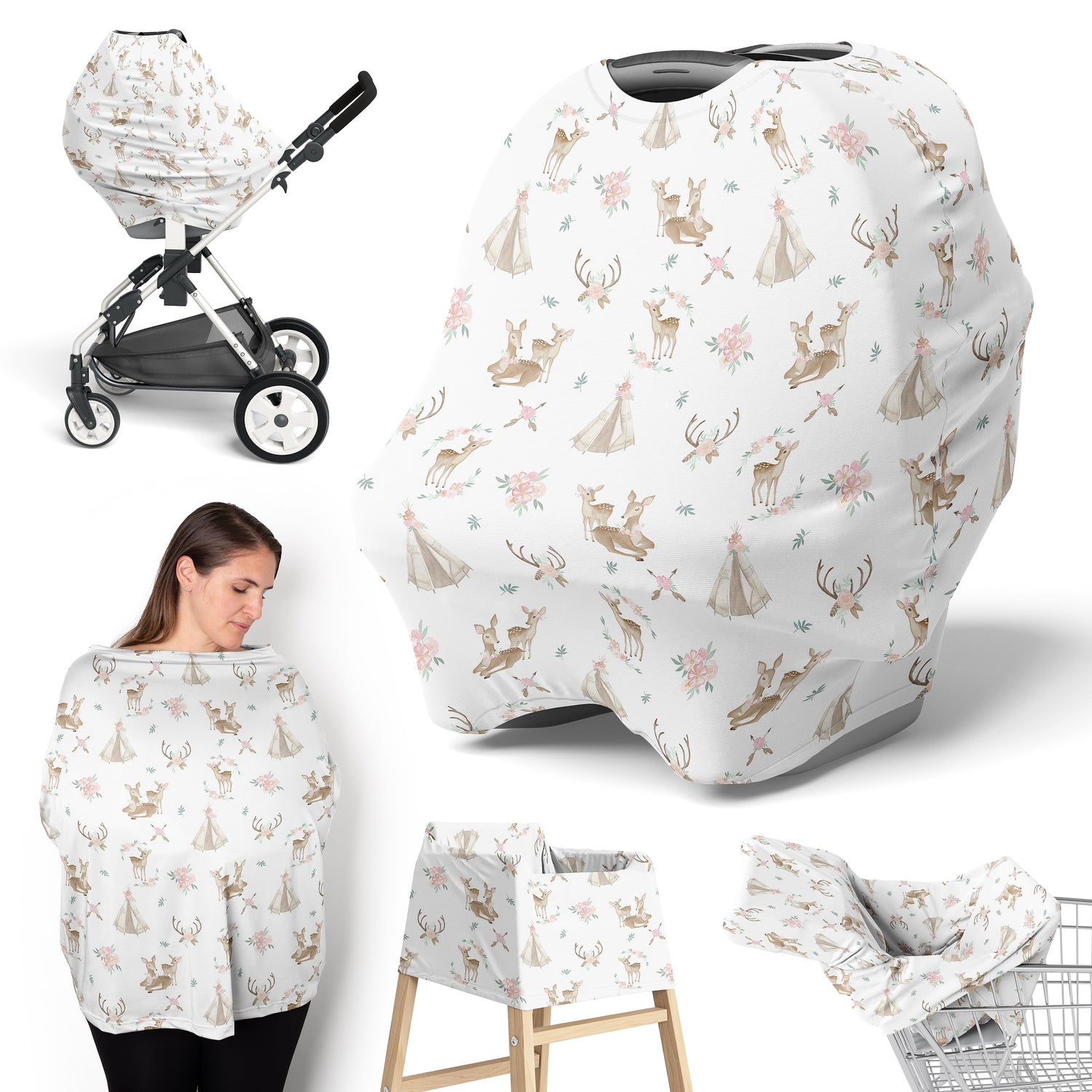 Deer Floral Collection Multi Use Baby Car Seat and Nursing Cover