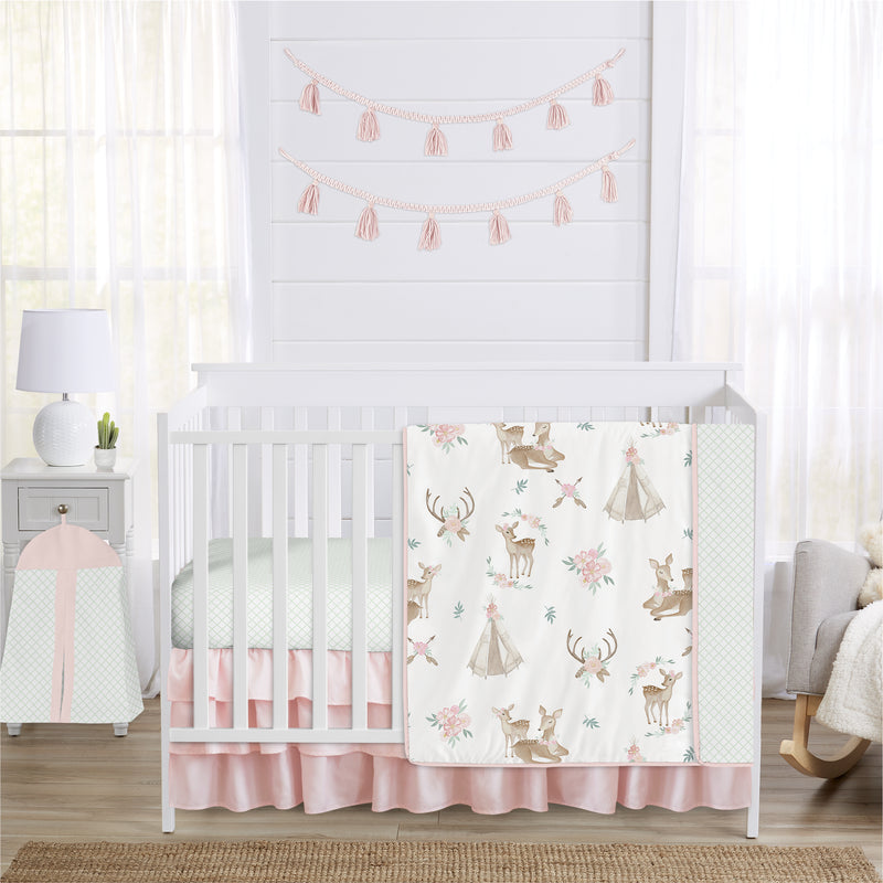 Deer Floral Collection 4 Piece Bumperless Crib Bedding